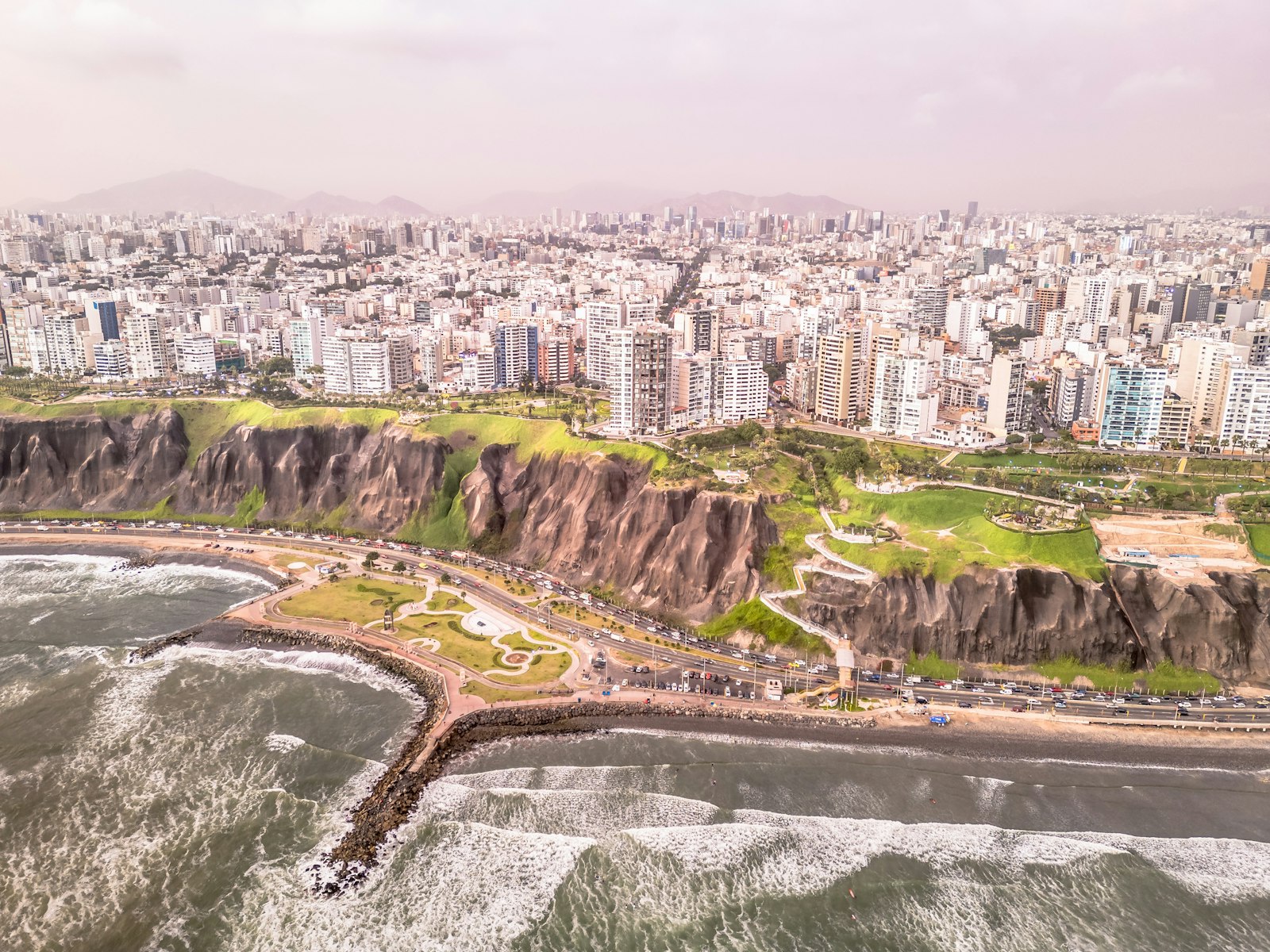 Aerial view of Costa Verde and the San Isidro financial district in Lima
